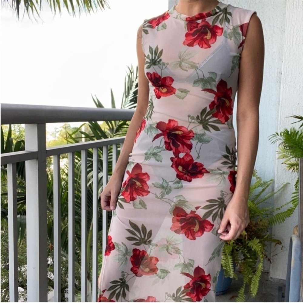 Sheer Mesh Floral Maxi Dress L